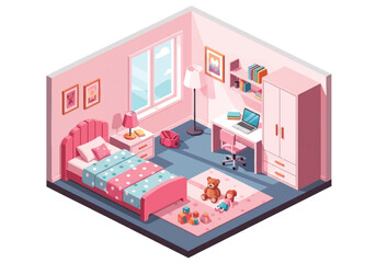 Isometric 3D view of a colorful kid girl bedroom with bed, desk, chair, bookshelf, wardrobe, and playful decor, designed for childhood comfort, learning, and family lifestyle concepts