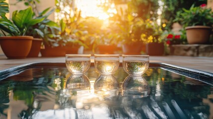 Fototapeta premium Tranquil Outdoor Scene with Glass Cups and Reflections in Water