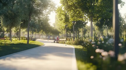 Obraz premium Tranquil park pathway illuminated by morning sunlight with benches
