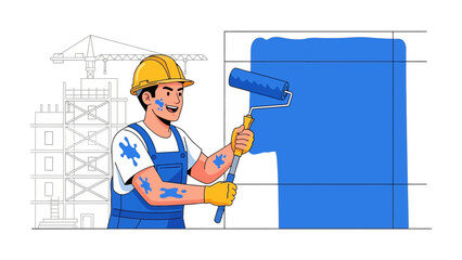 Painter at Work: A dedicated painter in full work attire meticulously applies a vibrant coat of blue paint with a roller.