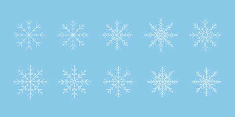 Snowflakes, a set of delicate winter icons, a sign of snow, frost, isolated on a blue background, vector illustration. Decorative frozen festive element for decoration, design, postcard, banner