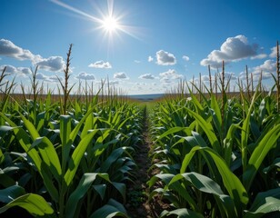 Vibrant green cornfield under bright sunny sky with fluffy clouds, perfect for agriculture themes.