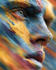 Dynamic Textured Abstract Portrait: Profile View of a Face Adorned with Bold Blue, Gold, and Orange Paint Strokes, Symbolizing Artistic Freedom, Self-Expression, and Creative Energy