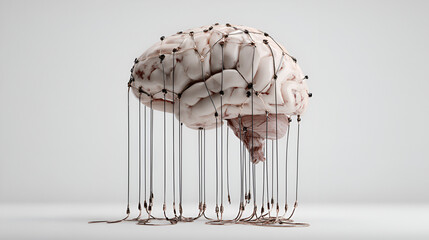 3D rendering of a human brain with a complex network of wires, symbolizing the intersection of technology, consciousness, and artificial intelligence