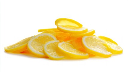 Vivid lemon slices on solid white background. Artificial intelligence image