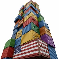 Fototapeta premium Stack of colorful shipping containers with american flag container against a white background