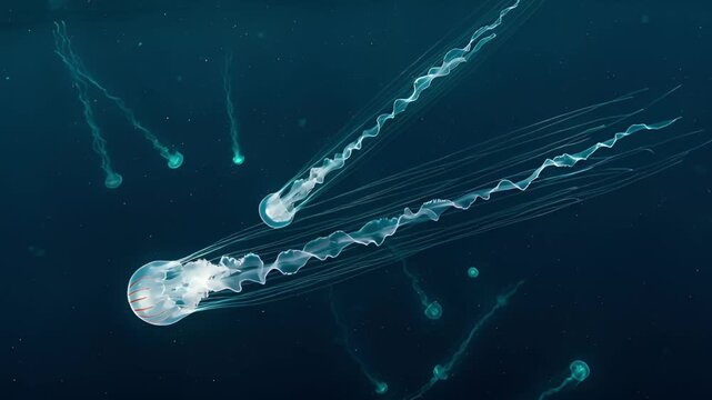 Man-of-War Jellyfish Congregation in the Deep Blue Sea
