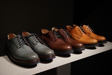 Three stylish men's dress shoes displayed on floating shelves
