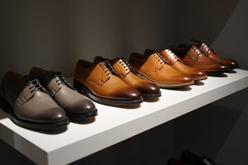 Three stylish men's dress shoes displayed on floating shelves