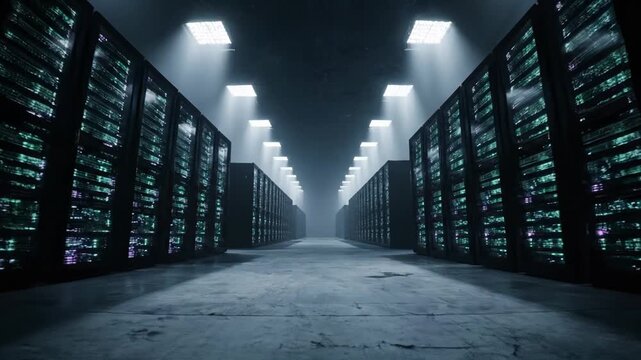 Server room rows of illuminated data storage units dark and futuristic technology high quality professional