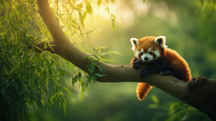 Relaxed red panda resting on tree branch in serene natural environment
