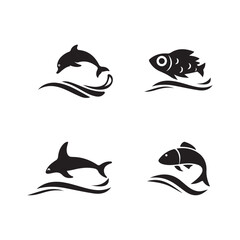 Fish swimming over waves, ocean wave with fish icon, fish Silhouette Swimming, collection of fish icon with waves, vector illustration