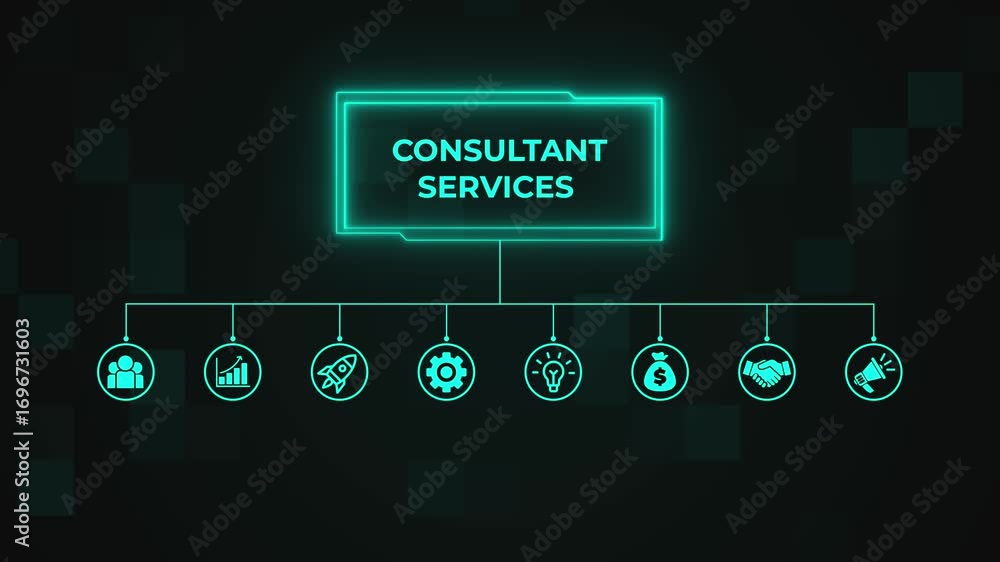 Poster consultant services on a futuristic interface. performance metrics, and business insights from large
