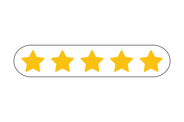 Five yellow stars in a row, representing a perfect rating or excellent score, isolated on transparent background