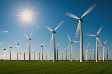 Photorealistic landscape with wind turbines spinning on a green field under a sunny blue sky, captured with long exposure