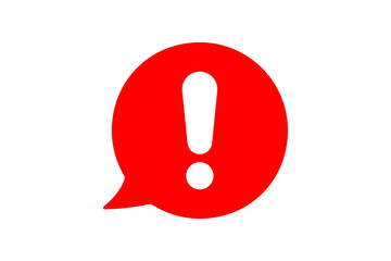 Red exclamation mark inside a speech bubble, isolated on transparent background, symbolizing a...