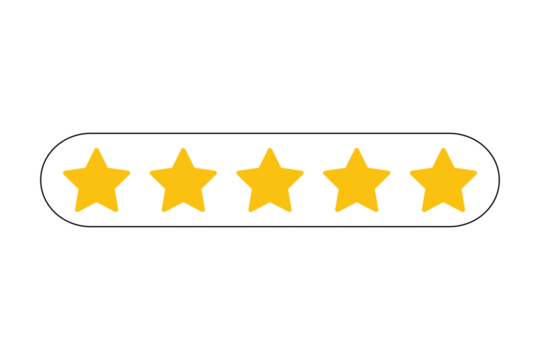 Five yellow stars in a row, representing a perfect rating or excellent score, isolated on transparent background