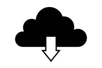 Black cloud icon with a white downward arrow inside, symbolizing data download or cloud storage, isolated on transparent background