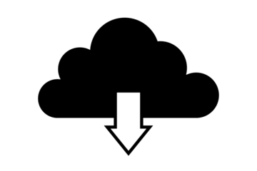 Black cloud icon with a white downward arrow inside, symbolizing data download or cloud storage, isolated on transparent background