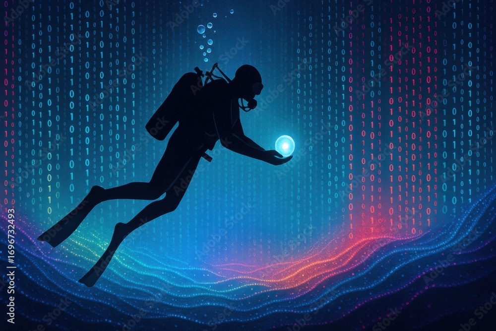 Poster deep dive into digital data: scuba diver exploring the depths of information technology