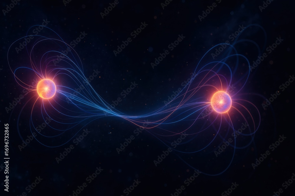 Aufkleber captivating visualization of energy fields emanating from two spherical sources in dark space