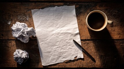 Writers Block - Blank Paper, Coffee, and Crumpled Ideas on Wooden Desk.