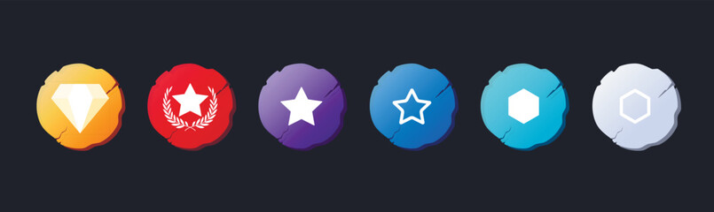 Colorful Gaming Achievement Badges. Set of colorful reward icons in different shapes symbolizing achievements, awards, levels, ranking, gamification and digital user interface elements