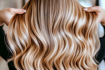 Fototapeta premium Stylish long hair with beautiful waves and highlights in a modern salon setting during the daytime