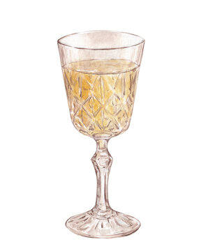 Watercolor sparkling wine in crystal vintage glass, elegant cocktail, Christmas drink