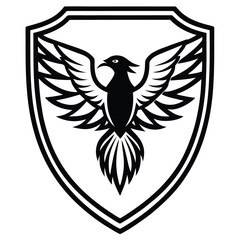 Black phoenix rising from shield emblem with detailed wings vector illustration