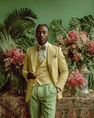 Distinguished African American Man in Yellow Suit Holds Cocktail, Elegantly Posed Against Lush Greenery Pink Flowers, Sophisticated Tropical Style