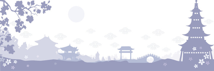 Japanese Pagoda Landscape with Moon. Tranquil Japanese landscape with pagoda, bridge, sakura trees and full moon symbolizing harmony, tradition, meditation, oriental culture and spiritual peace