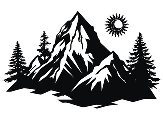 Mountain Landscape with Sun and Pines. Vector illustration of mountain with pine trees and shining sun symbolizing wilderness, strength, freedom, nature spirit and outdoor adventure lifestyle