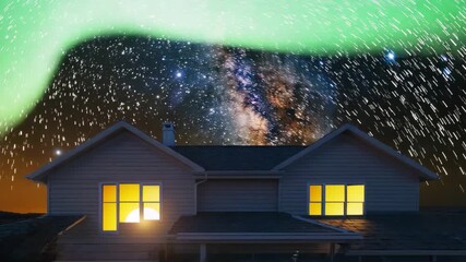 The top portion gray house low angle, as the sky transitions entire cosmic cycle timelapse. sun rises sets moon glides auroras shimmer finally galaxies swirl gray house cosmic realms - Powered by Adobe