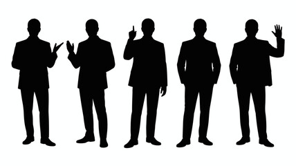 Five businessmen silhouettes in suits with gestures vector illustration scalable graphic design