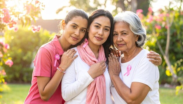Three Generations of Women Supporting Breast Cancer Awareness — Pink Accessories, Garden Portrait