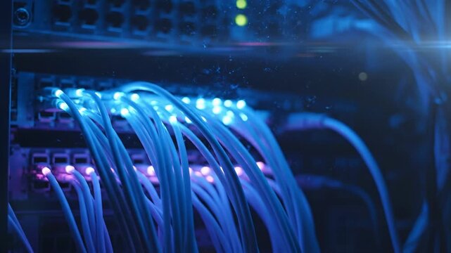 Network cables connected to server equipment in data center blue light glowing technology concept high quality professional