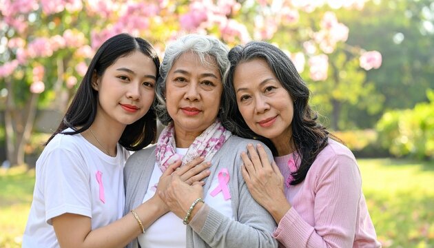 Three Generations of Women Supporting Breast Cancer Awareness — Pink Accessories, Garden Portrait - Powered by Adobe