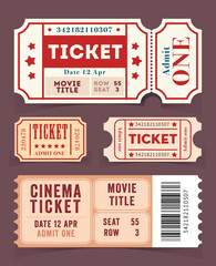 Vintage Cinema Tickets. Set of retro cinema tickets in various shapes and styles with admit one labels design representing entertainment, movies, events and nostalgic theater culture