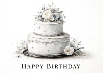 Elegant Two-Tiered Watercolor Cake Illustration Adorned with Silver Details and White Flowers, "Happy Birthday" Greeting for Sophisticated Celebrations, Anniversaries