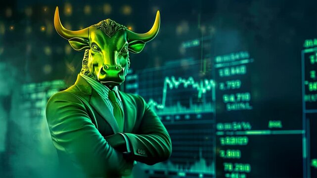 Toro fuerte en traje con gr&aacute;fico del mercado de valores y luz de ne&oacute;n verde detr&aacute;s