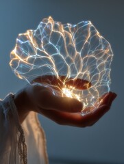 Close-up of a Female Hand Gently Holding a Translucent Network of Glowing Fibers, Emitting Light and Energy, Representing Connection, Innovation, or Abstract Consciousness