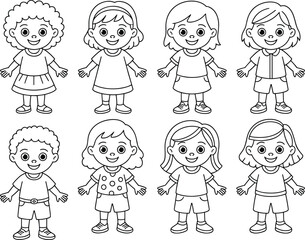 Cute happy kids cartoon characters, smiling children illustration, diverse boys and girls, adorable kids outline, happy childhood drawing