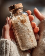 Elegant female hands in a cozy knitted sweater holding a glass bottle filled with natural bath salts or crystals, capturing a moment of self-care and wellness