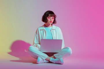 Young modern girl working on laptop, pink background. 
