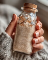 Close-up of elegant hands in a warm sweater holding a glass bottle with cork stopper, filled with beige and white mineral crystals or sea salts for spa and wellness