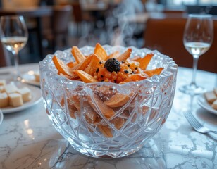 Elegant crystal bowl of gourmet appetizer with wine glasses, perfect for fine dining