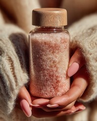 Elegant hands with a stylish pink manicure holding a glass bottle filled with pink bath salts and subtle shimmering particles, symbolizing luxury spa and self-care