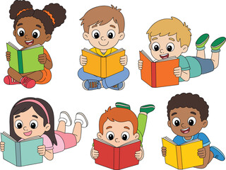 Diverse cartoon children reading books, educational illustration, school kids learning together, study time, flat design, isolated white background.eps