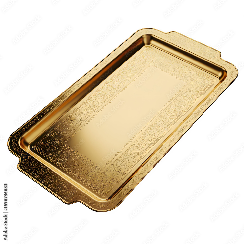 Wall mural shiny golden rectangular serving tray with ornate embossed pattern isolated on transparent backgroun